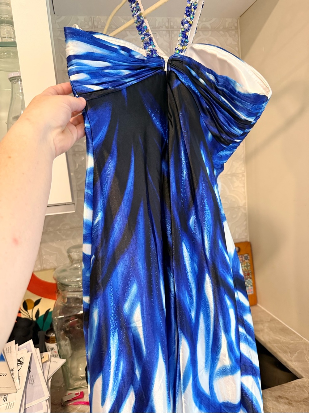 Cache Blue White Beaded Formal Gown Prom Dress Size 6 Halter Butterfly Print - Picture 7 of 10